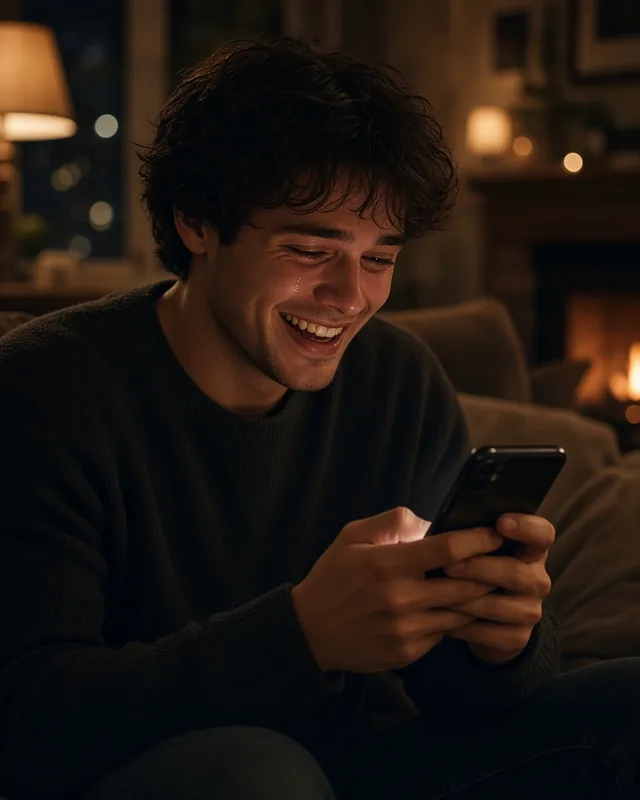 A man laughing as he opens the museum on his phone