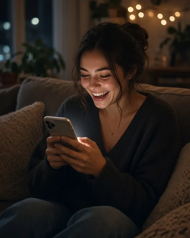 Alguém sorrindo ao abrir o museu no celular, no sofá de casa
